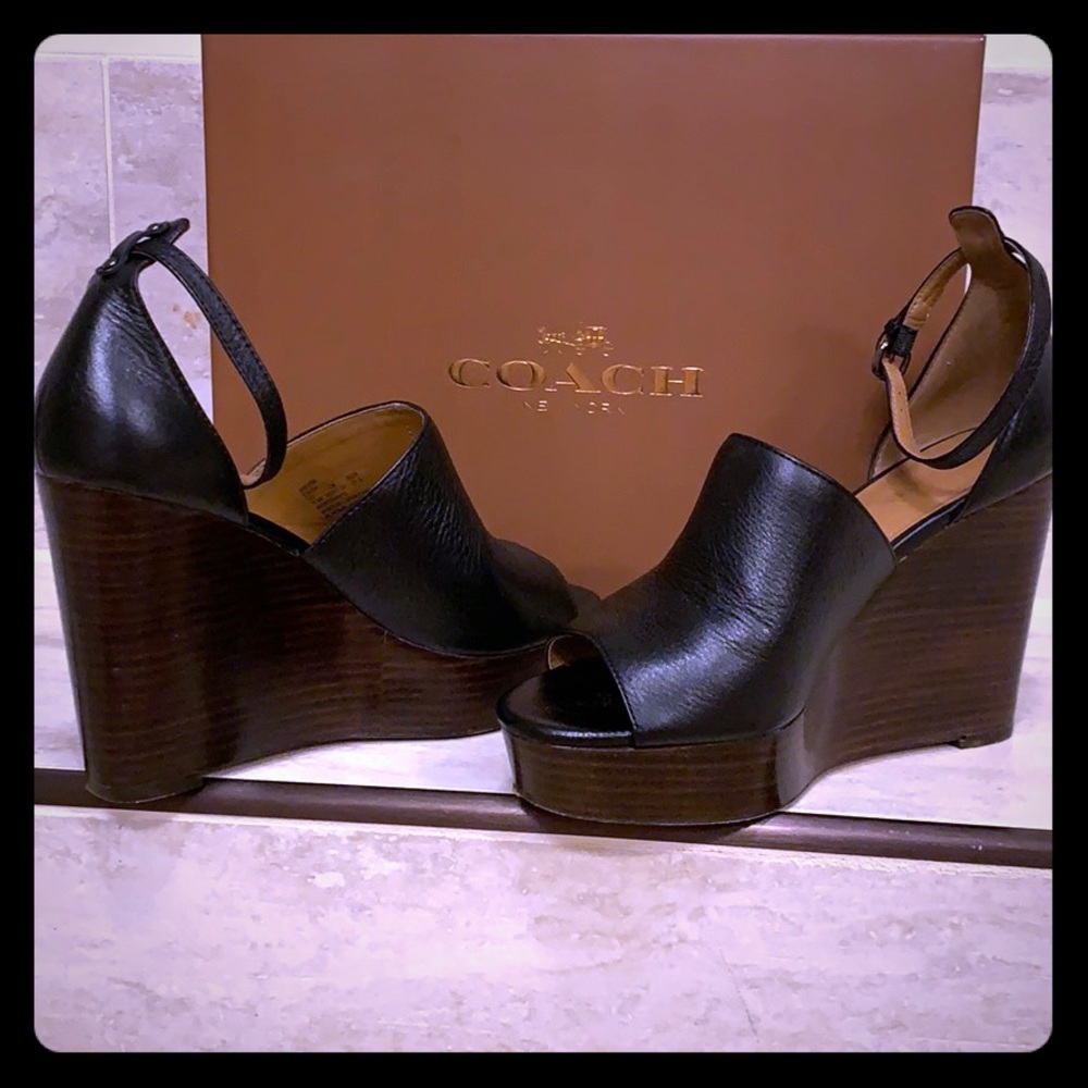 Coach-Edita Peb Grn Leather Black Wedge Sandals